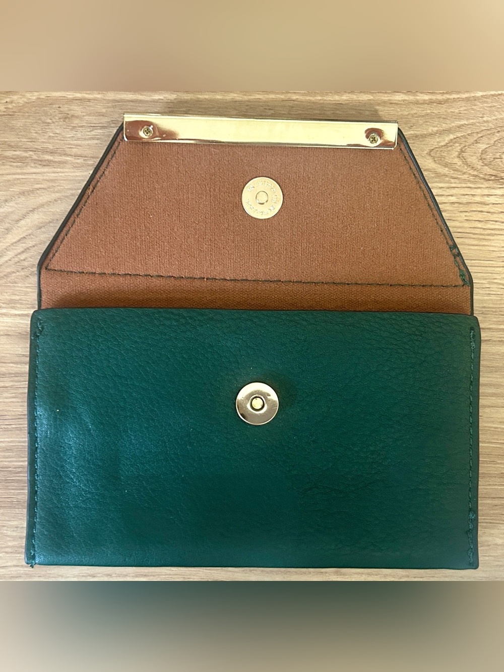 Green Genuine Leather Compact Envelope Wallet with Gold Detail